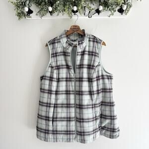 J. Jill Plus Size Jade Plaid Quilted Full Zip Curved Hem Vest 1X